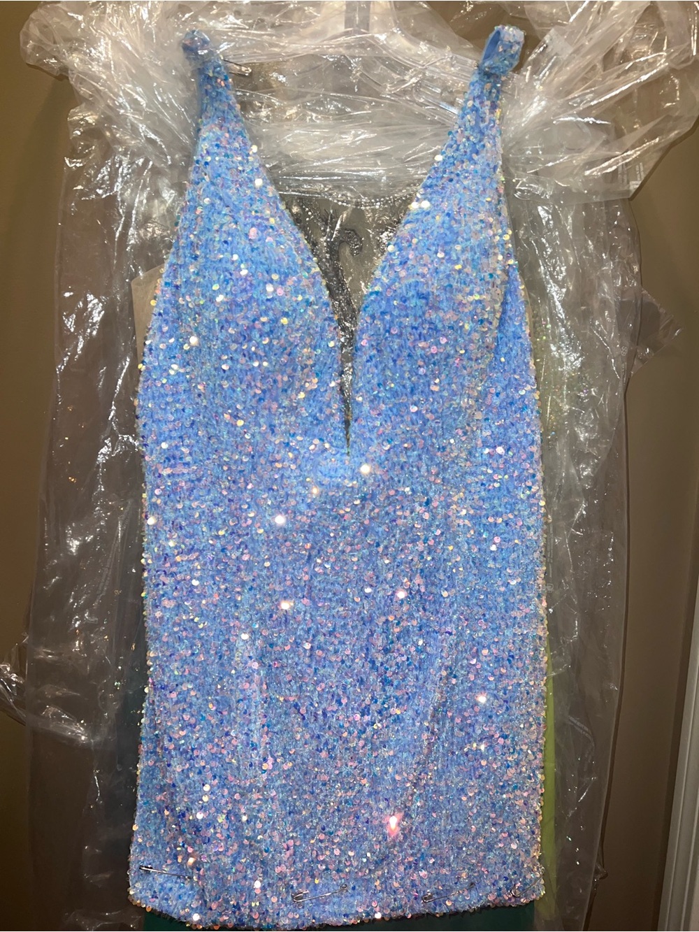 Sherri Hill Iridescent Light Blue Sequin V-Neck Prom Dress